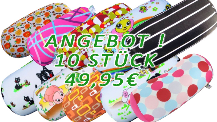 Kuschelkissenangebot Mix 10 Stück Schlauchform und Nackenrolle gemischt, Farb- und Musterauswahl zufällig